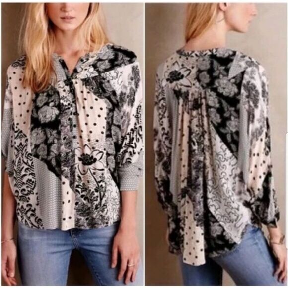 ANTHROPOLOGIE MAEVE Linden Floral Patchwork Dolman Popover Blk/Blu/Wht Size Med - Picture 1 of 8
